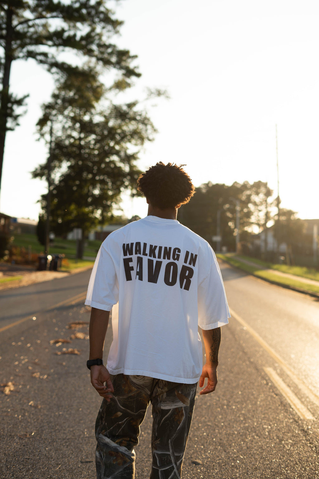 Drop-Shoulder WALKING IN FAVOR Oversized T-Shirt (Black Text)